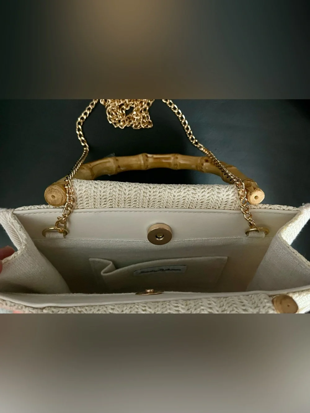 Tommy Bahama Cream Woven Raffia Tote with Bamboo Handles & Crossbody Chain